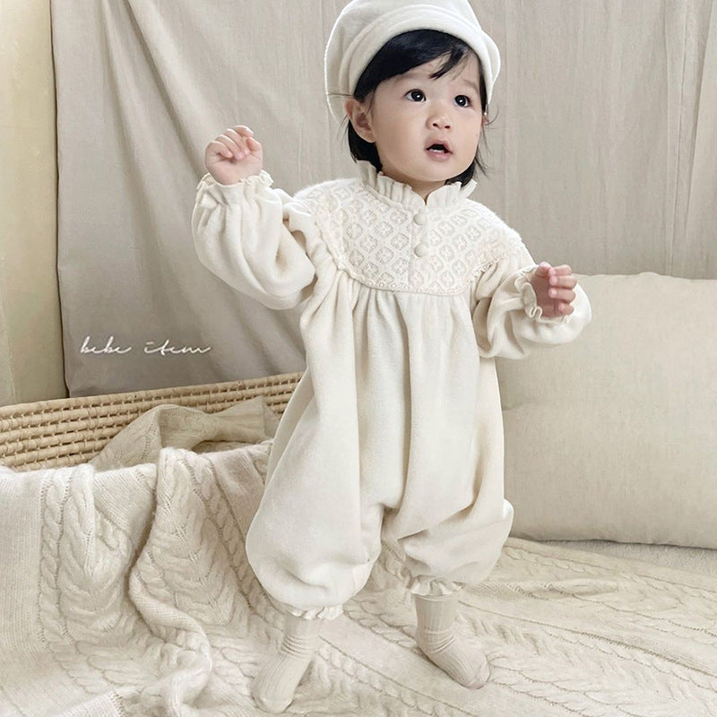  【K3013115】春款嬰兒立領蕾絲拼接雙面絨爬服包屁衣Baby Parks 童裝批發 Baby Parks 童裝批發