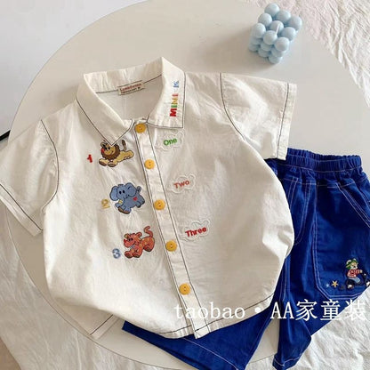 【S3041418】特賣款 夏季 嬰幼兒童襯衫 日系卡通刺繡白色翻領上衣 - Baby Parks 童裝批發